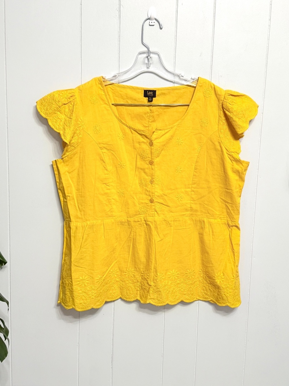 #19)  Lee Mustar-Yellow Eyelet Peplum Button-Front Cotton Blouse